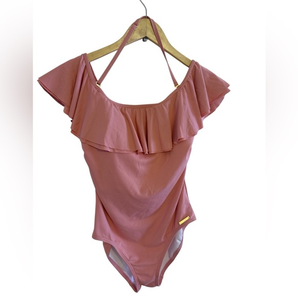 Michael Kors Pink Ruffle Swimsuit Built in Shelf Bra Padded Cups Off Shoulder 6 - Picture 7 of 16